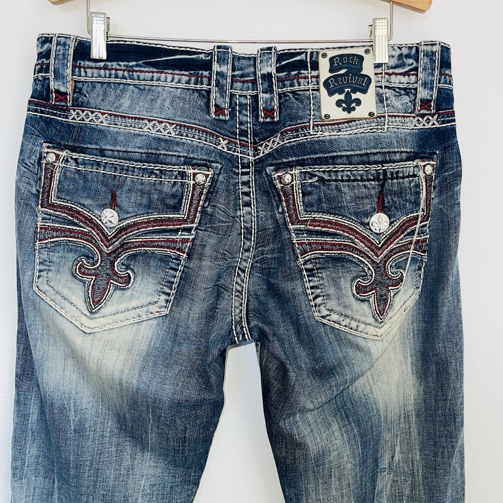 Rock Revival Men's Straight Fit Blue Denim Jeans Lt Wash Embroidered 34 Distress